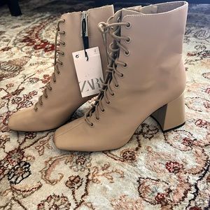 Zara new tan real leather lace up booties. Size 7.5